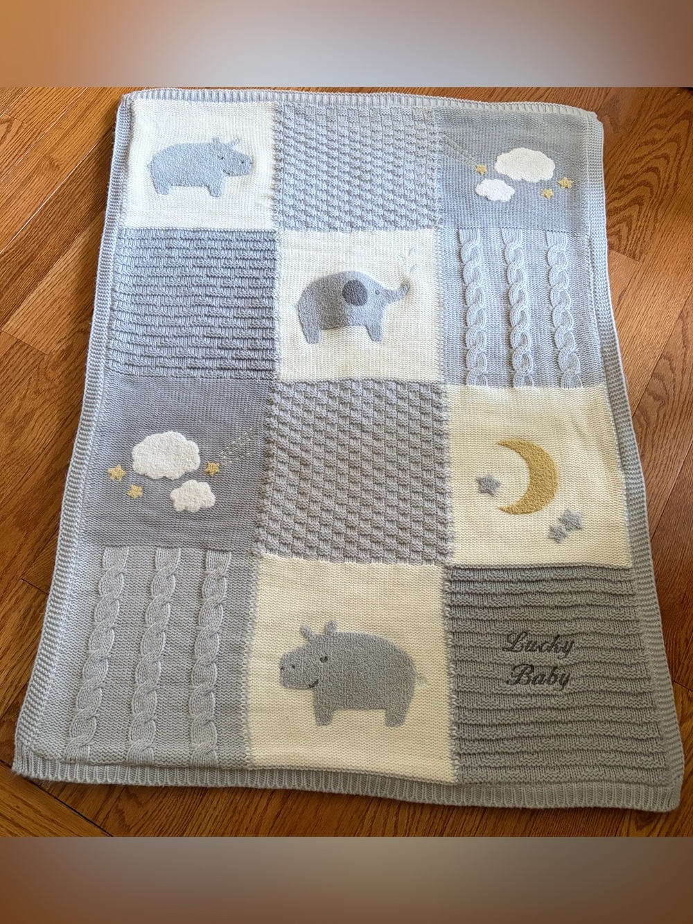 Pottery Barn Kids Hippo Heirloom Sherpa-Backed Patchwork Knit Baby Blanket 30x40